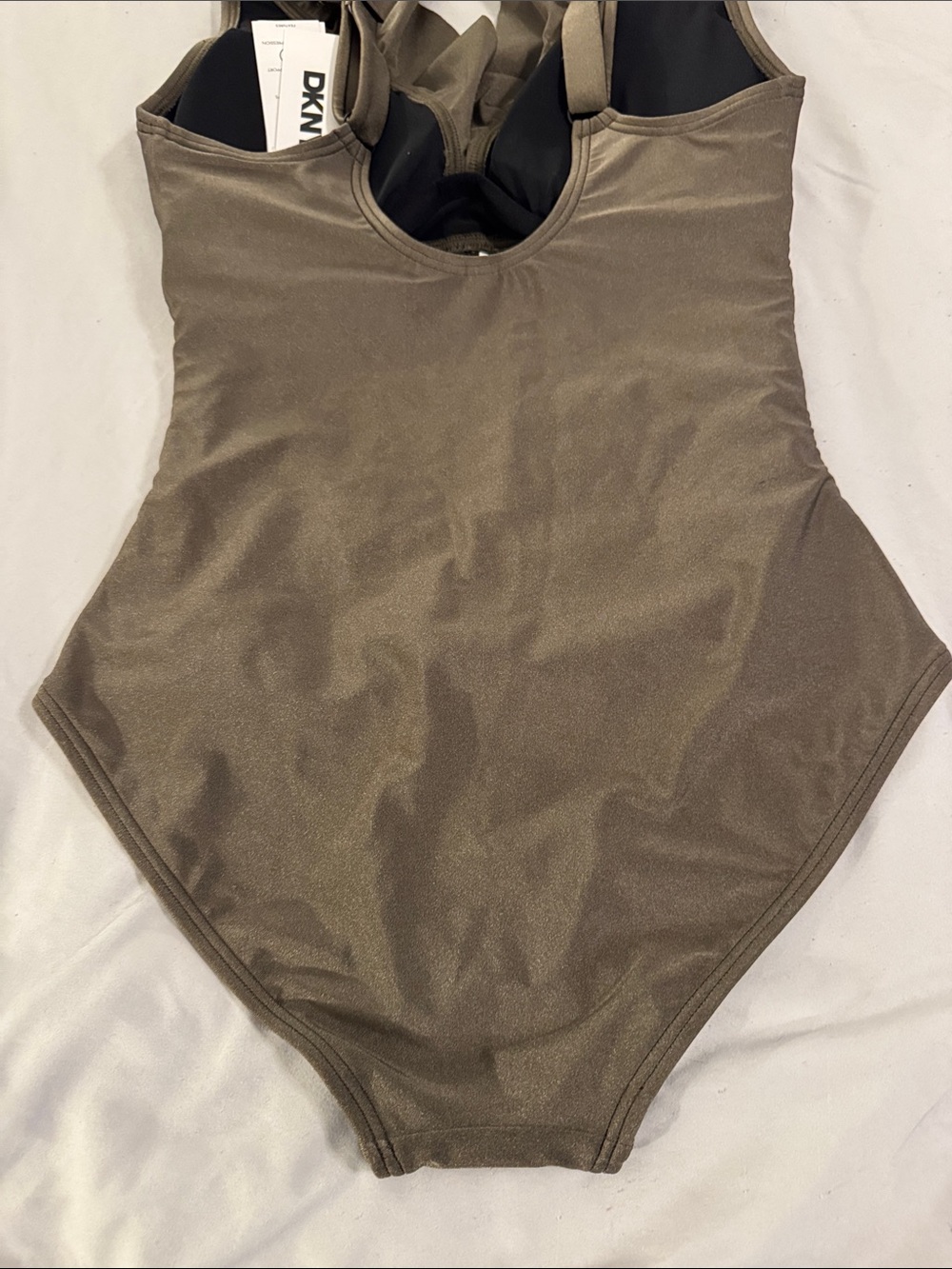 DKNY Ruched Olive Green One-Piece Swimsuit with Ruffle V-Neck - Picture 11 of 11